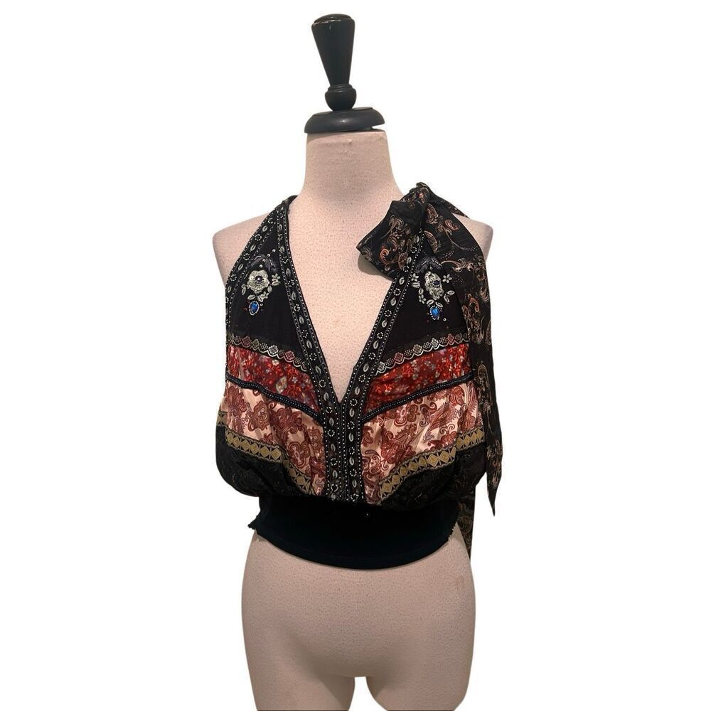 Free People Womens Sleeveless Halter Beaded Velvet Cropped Top Black Multi Large